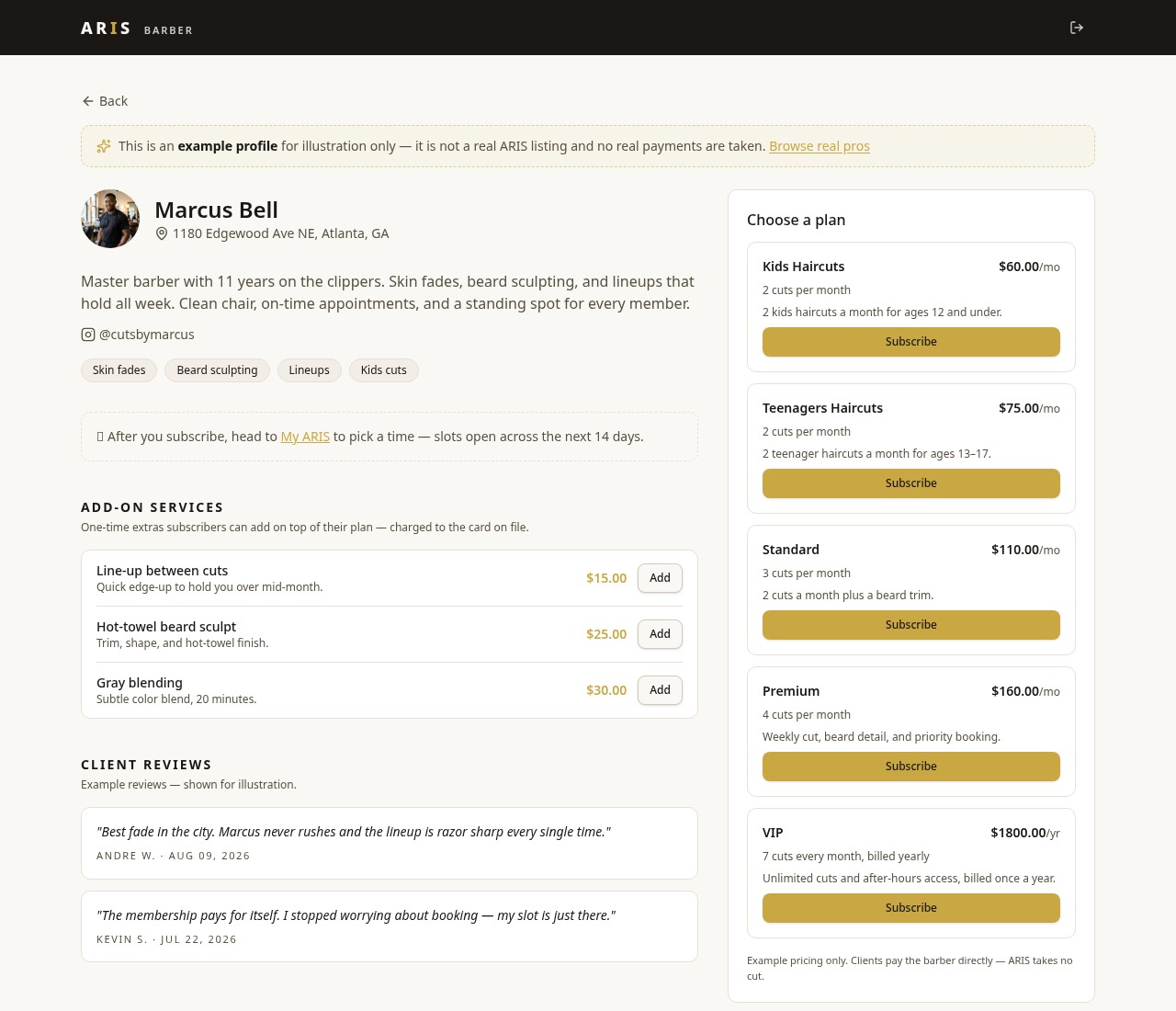 ARIS pro profile showing membership tiers with monthly prices, add-on services charged to the card on file, and client reviews